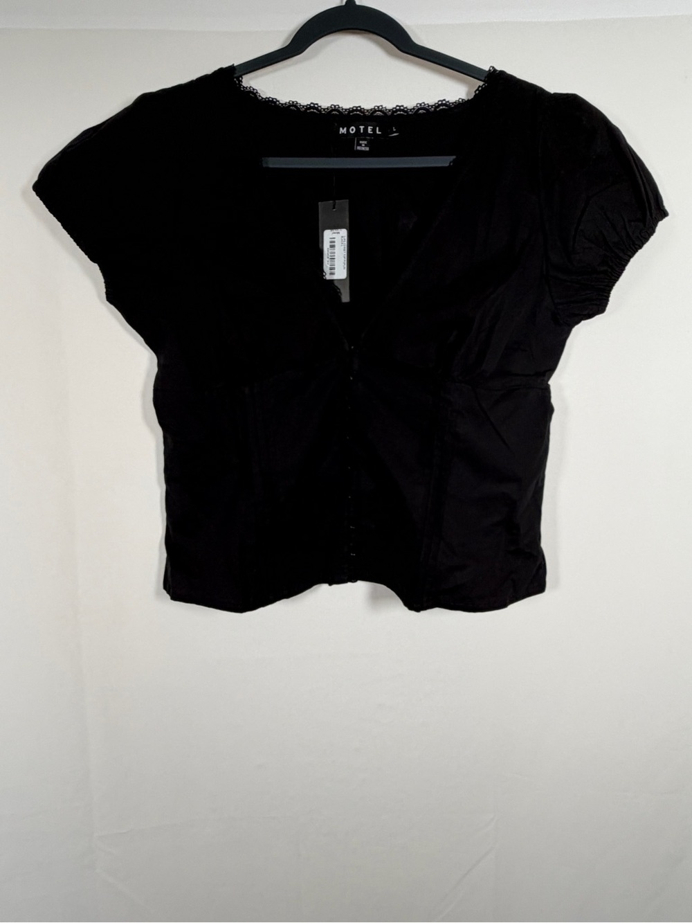 Motel Ilias Corset Poplin Black Short‎ Sleeve Button Front Top